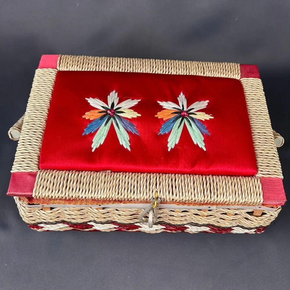 Charming Vintage Cream + Red Wicker Sewing Box 11